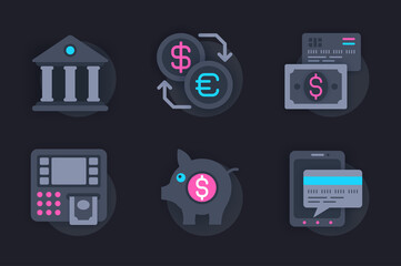 Aufkleber - Finance web concept of 3d paper icons set. Pack flat pictograms of financial services in bank and mobile apps, currency exchange, cash transfer, savings. Vector elements for website in dark style