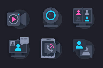 Poster - Video conference web concept of 3d paper icons set. Pack flat pictograms of group chats, online meetings with friends, work discussions, mobile phone calls. Vector elements for website in dark style
