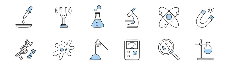 Set of science doodle icons, chemical laboratory equipment and scientific physics tools. Pipette, beaker, lab microscope, dna, microorganism cells, magnifying glass, meter Line art vector illustration