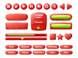 Poster - buttons with strawberry texture for game interface. vector cartoon set of gui elements from red berr