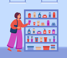 Poster - Cartoon woman buying beauty products in shop. Girl choosing eco-friendly cream, shampoo or body lotion, skincare or makeup products flat vector illustration. Cosmetics, cosmetology concept for banner