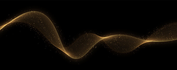 Shimmering golden wave with glitter. Magic lines. Shiny color gold wave design element. Magic light trails abstract Christmas decoration.