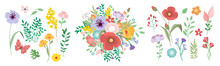 Beautiful Romantic Flower Collection With Roses, Leaves, Floral Bouquets, Flower Compositions