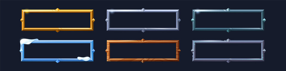 Poster - rectangular frames with gold, silver, wooden and ice texture for game ui design. vector cartoon set 
