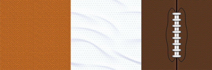 Textures of sports jersey, american football and basket balls surface. Vector realistic set of seamless patterns of pigskin leather with laces, white athletic shirt textile with wrinkles