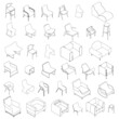 Set with contours of chairs and armchairs from black lines isolated on a white background. 35 decorative chairs and armchairs. Isometric view. Vector illustration