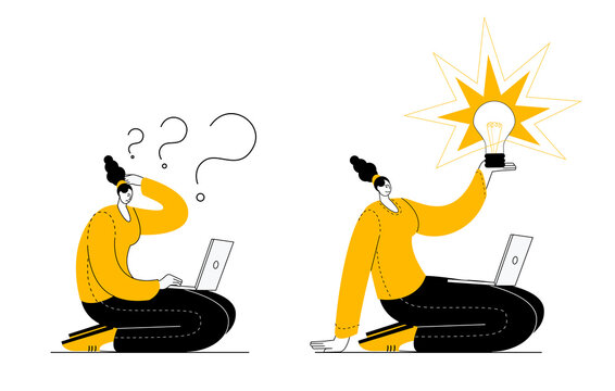 A girl with a laptop who is looking for a good idea. A set of vector illustrations on the topic of finding ideas.