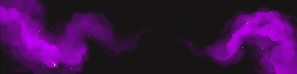 Poster - purple magic dust with sparkles, glitter curve powder clouds, holi paints horizontal banner template
