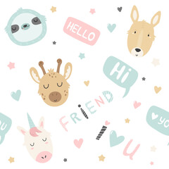 Wall Mural - Seamless pattern with cute animals and lettering words