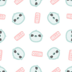 Wall Mural - Seamless pattern with funny sloth and lettering text Hello
