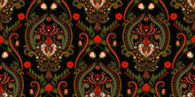 Indian Seamless Pattern. Paisley Wallpaper. Paisley Seamless Wallpaper. Ethnic  Background. Floral Folk Background With Floral Symmetry Elements. Hungarian Floral Pattern 
