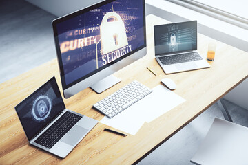 Poster - Creative lock sketch with chip hologram on modern computer monitor, protection of personal data concept. 3D Rendering