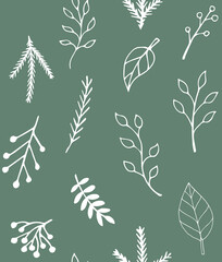 Wall Mural - Vector seamless pattern of hand drawn sketch doodle leaves isolated on green background