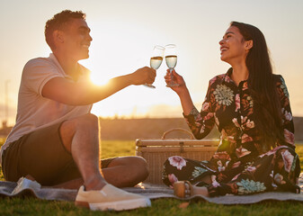 Poster - I love you for all that you are. Shot of a young couple making a toast while on a picnic at a lakeside.