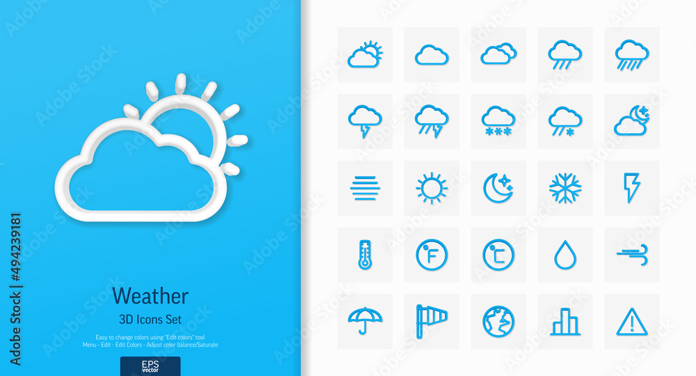 Vector 3d realistic style icons set. Illustration with weather and ...