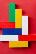 Close Up View Of Red, White, Blue, Yellow And Green Blocks On Bright Background.