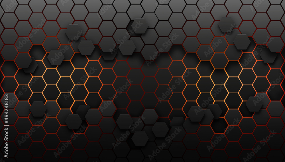 Hexagonal dark grey grid with orange light. Copy space, add text or ...
