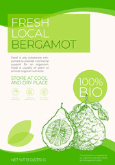 Wall Mural - Fresh Local Fruits Label Template. Abstract Vector Packaging Design Layout. Modern Typography Banner with Hand Drawn Whole Bergamot with Half Sketch Silhouette Background Isolated