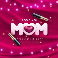 Wall Mural - Happy mother's day 3D purple red pink love heart strip light golden pearl and realistic cosmetic lipstick with satin curtain