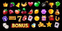 Casino Slot Icon Set, Virtual Vegas Game Fruit UI Design Elements, Vector Gambling Machine Badge Kit. Golden Award Cup, Bar Sign, Gift Box, Money Bag, Playing Chips. Classic Casino Icon Collection