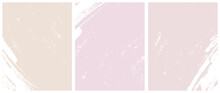 Set Of 3 Delicate Abstract Crayon Drawing Style Vector Layouts. White Paint Stains On A Light Pink And Coral Background. Pastel Color Stains And Splatter Print Set.