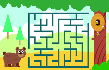 Wall Mural - Maze,  vector, illustration, labyrinth, puzzle, arrow, game, puzzle page for children with bear and honey