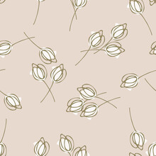 Stylish Pastel Floral Pattern Of Tulips. Abstract Vector Seamless Background With Scattered Olive And Beige Flowers On A Pink Background. Elegant Design For Decor, Tile, Postcard, Cover, Banner, Texti