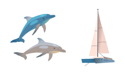 Wall Mural - cute dolphins and yacht. marine symbols set cartoon vector illustration