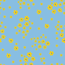 Vector Seamless Pattern With Small Yellow Flowers On Light Blue Backdrop. Liberty Style Millefleurs In The Color Of The Ukrainian Flag. Simple Floral Background. Ditsy Patterns For Decor, Textile