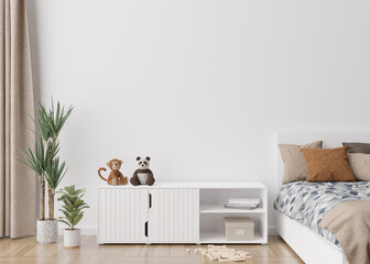 Wall Mural - Empty white wall in modern child room. Mock up interior in scandinavian style. Free, copy space for your picture, poster. Bed, rattan basket, toys. Cozy room for kids. 3D rendering.