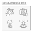 © Antstudio - Medicine line icons set. Consultation with doctor, first aid kit, spine treatment, medicals delivery. Healthcare concept.Isolated vector illustrations. Editable stroke