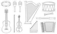 Hand Drawn Set Of Musical Instruments. String, Wind And Percussion Instruments. Doodle Style. Sketch. Vector Illustration.