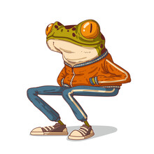 Urban Frog Guy, Vector Illustration. A Calm Anthropomorphic Frog Sitting With His Hands In Pockets And Observing What Is Happening. A Humanized Hipster Toad. An Animal Character With A Human Body.