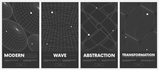 Leinwandbilder - Сollection vector posters with strange wireframes of geometric shapes modern design inspired by brutalism, abstract 3d spheres and grids set 1