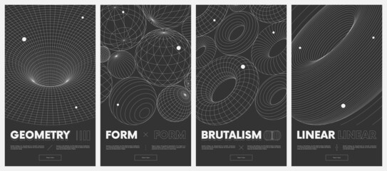 Fototapete - Сollection vector posters with strange wireframes of geometric shapes modern design inspired by brutalism, mesh texture tunnel or wormhole, 3d spheres and torus set 2