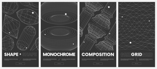 Fototapete - Сollection vector posters with strange wireframes of geometric shapes modern design inspired by brutalism, structures of various shapes, retro futuristic graphics set 3