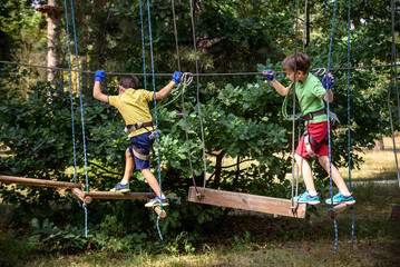 Wall Mural - Two strong excited young friends playing outdoors in rope park. Caucasian boys dressed in casual clothes and sneakers at warm sunny day. Active leisure time with children concept