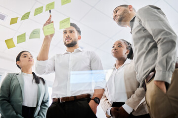 Poster - Setting the right strategy in place. Low angle shot of a group of businesspeople brainstorming together on a glass screen in an office.