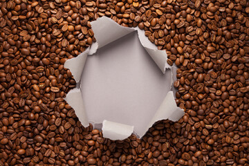 Wall Mural - Coffee beans at grey torn package paper. Coffee bean backround