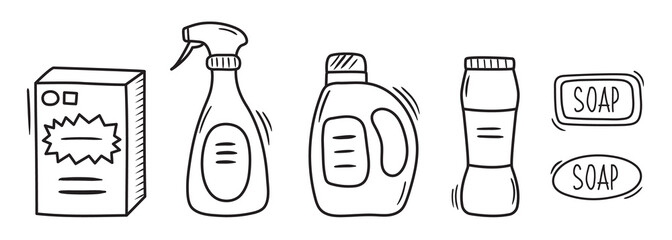 Set of outline doodle household chemicals. Washing powder, sprayer, canister, soap. Hand drawn laundry vector illustrations. Housework equipment icon collection