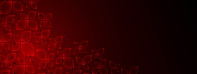 Poster - Neon red background frame. Design of transparent glass petals, glass morphism. Texture plexus of  neural network. Connecting lines, dots, glowing stars. Poster technology, medicine, business. Vector