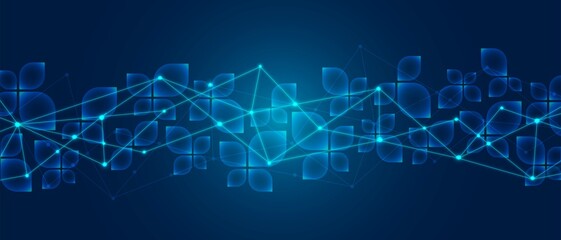 Poster - Vector neon background. Design of path transparent glass petals, geometric shapes. Texture plexus digital network. Connecting lines, dots, glowing stars. Poster technology, medicine, science, business