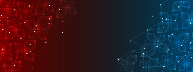 Poster - Vector neon frame background. Design transparent glass petals, geometric shapes. Fire and ice. Texture plexus digital network. Connect lines, dots, glowing stars. Poster technology, science, business.