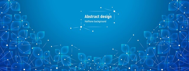 Poster - Neon blue arch background. Design of transparent glass petals, geometric shapes. Texture plexus of neural network. Connecting lines, dots, glowing stars. Poster technology, medicine, business. Vector