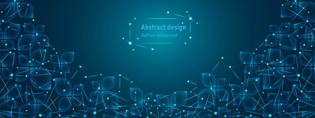 Poster - Neon blue arch background. Design of transparent glass petals, geometric shapes. Texture plexus of neural network. Connecting lines, dots, glowing stars. Poster technology, medicine, business. Vector