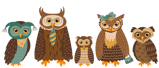Wall Mural - cute owls set flat design, isolated, vector