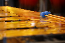 Keys Of A Golden Xylophone With Mallets Background Image Of A Musical Instrument In Close-up With Selective Focus