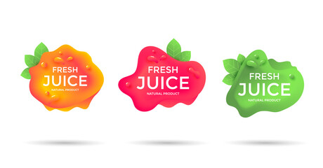 Fresh Juice fruit label or tag. Fluid form Sticker design for natural drink orange, red and green colors. Vector