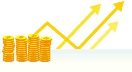 Poster - Bitcoins Piles on a Floor in 3D Rendered Empty Room with Copy Space. Growing Prices of Cryptocurrency vector banner