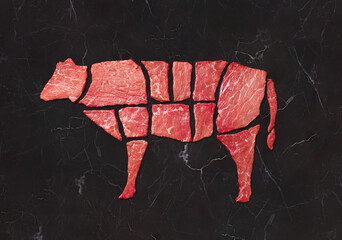 Wall Mural - Creative concept marbled beef meat. Cow made up of pieces of beef on black marble, Top view